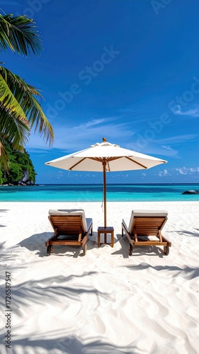 Wallpaper Mural Tropical beach scene with sun umbrellas and lounge chairs Torontodigital.ca