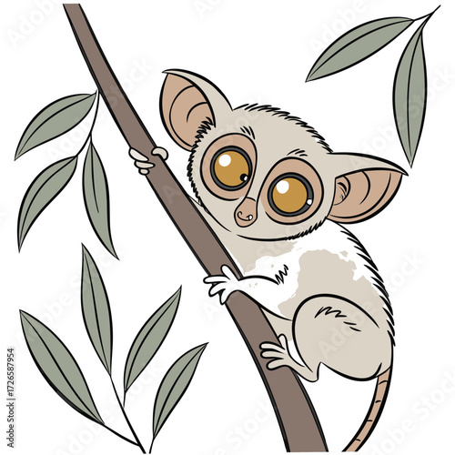 Adorable cartoon tarsier with big eyes on a branch with leaves primate animal