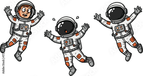 Cartoon astronauts floating in space, funny spaceman illustration, outer space exploration, zero gravity adventure, cosmic travel, astronaut suit character design