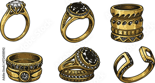 Luxury gold ring collection with gemstones, black and clear stone designs, elegant fashion jewelry, modern accessories, and stylish decorative bands