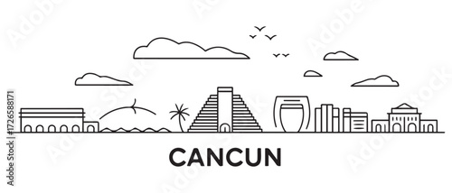 Cancun Line Art skyline banner. Cancun, Mexico. with white background