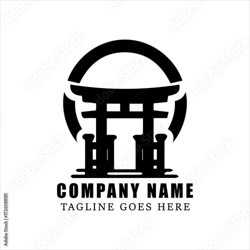 Minimalist Torii Gate with Rising Sun Logo Vector, Black and White Japanese Shinto Symbol, Traditional Cultural Architecture Silhouette for Branding and Heritage Identity