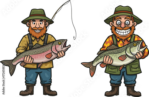 Cartoon fisherman holding large fish, happy angler with big catch, fishing adventure illustration, outdoor lifestyle drawing, sport fishing character design