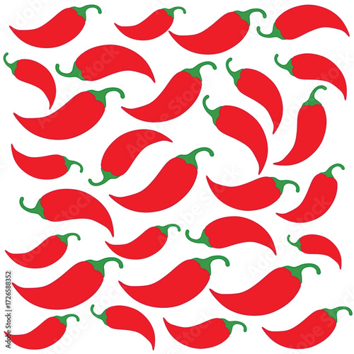 Set of hand drawn chili fruits with leaves. Summer design for pattern, poster, card, fabric, banner, wallpaper.	