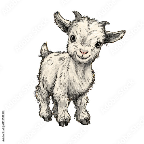 Illustration of a cute baby goat with a friendly smile.