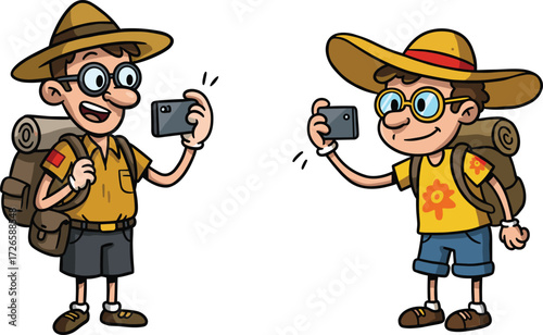 Cartoon travelers taking selfies, happy tourists with backpacks, adventure holiday, hiking journey, outdoor exploration, summer vacation trip, fun travel concept