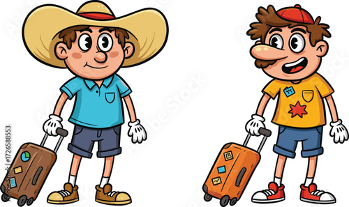 Cartoon travelers with luggage, funny tourists in casual clothes, holiday journey, summer vacation trip, airport travel adventure, happy tourism character illustration