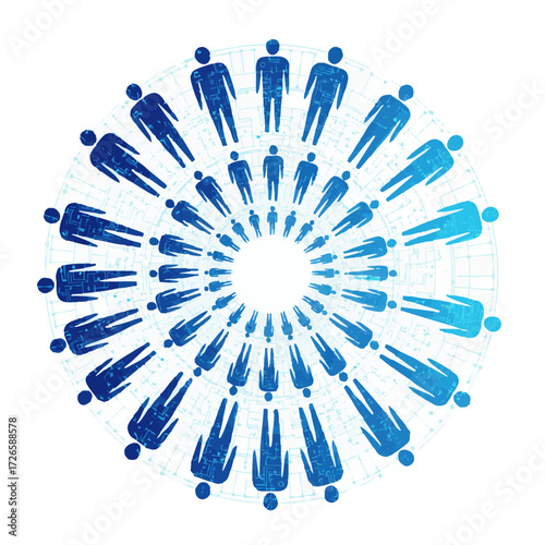 Dynamic graphic of interconnected human figures forming a unified circular network, symbolizing global community, collaboration, and social connections within a modern digital environment