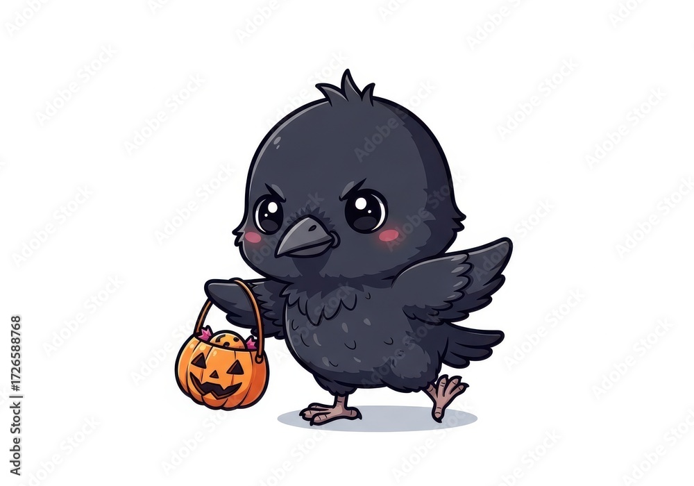 Obraz premium Cute cartoon crow with jack o lantern candy bucket bird kawaii