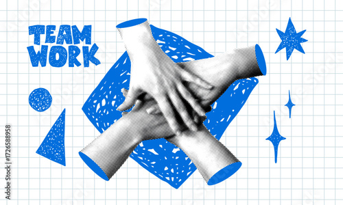 Teamwork concept. Team building. Colleagues folding their hands together. Modern collage with bunch of peoples hands. Pile of arms. Friendship and togetherness. Creative team of start up 