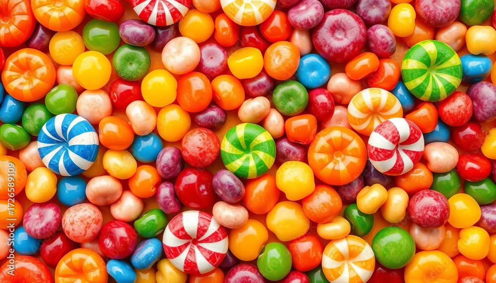 Fototapeta premium Assorted colorful candies arranged in a vibrant, geometric pattern, minimal, vibrant