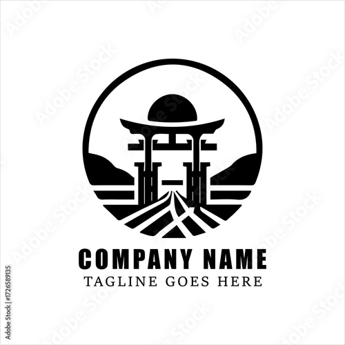 Minimalist Torii Gate with Rising Sun Logo Vector, Black and White Japanese Shinto Symbol, Traditional Cultural Architecture Silhouette for Branding and Heritage Identity
