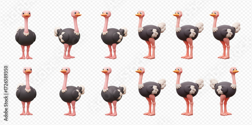 A collection of cartoon ostriches standing in rows, facing different directions on a transparent background.