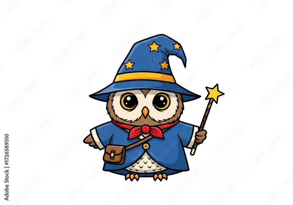 Obraz premium Cute cartoon owl wizard wearing a blue star-covered hat and robe holding a magic wand stars
