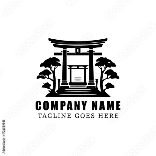 Minimalist Torii Gate with Rising Sun Logo Vector, Black and White Japanese Shinto Symbol, Traditional Cultural Architecture Silhouette for Branding and Heritage Identity