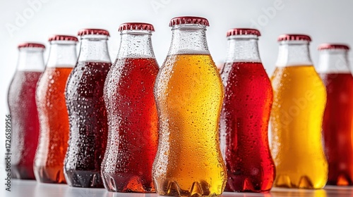 Row of chilled, colorful soda bottles
