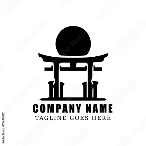 Minimalist Torii Gate with Rising Sun Logo Vector, Black and White Japanese Shinto Symbol, Traditional Cultural Architecture Silhouette for Branding and Heritage Identity