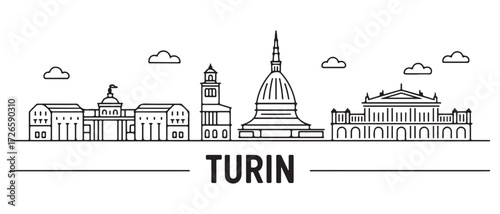 Turin Line Art skyline banner. Buenos Turin, Italy. with white background
