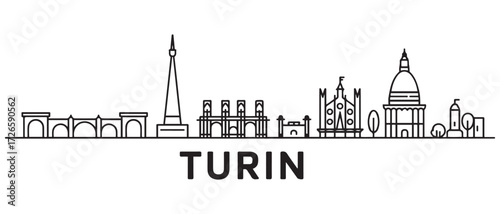 Turin Line Art skyline banner. Buenos Turin, Italy. with white background