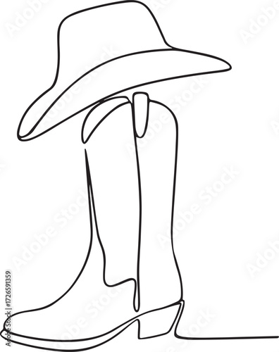 Hand drawn cowboy boot and large brimmed sun hat line art vector