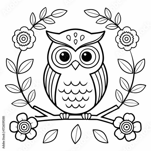 Cute Owl Perched on a Branch Framed by Flowers and Leaves Whimsical Coloring Page for Relaxation and Creativity