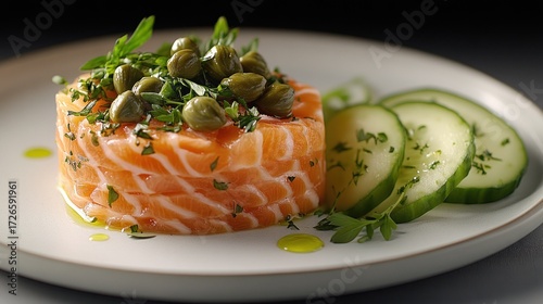 Salmon tartare topped with capers & herbs