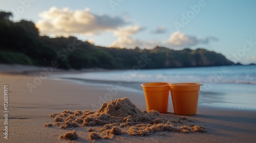Sandy beach at sunset with orange buckets