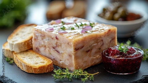 Savory meat terrine, toasted bread, cranberry sauce