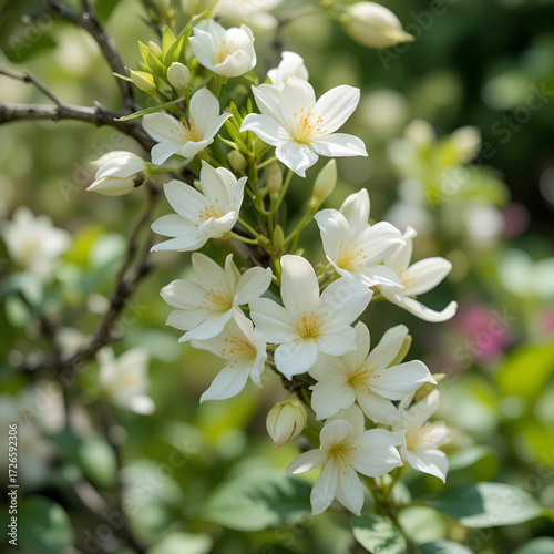 Delicate white jade vine flowers blooming in a serene garden, white jade vine, peaceful