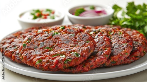 Several cooked patties, reddish-brown, on a plate, with dips and garnish