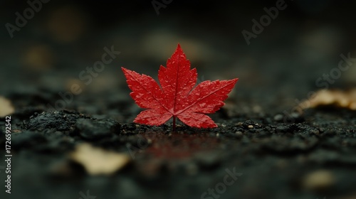 Single vibrant red maple leaf rests on dark soil