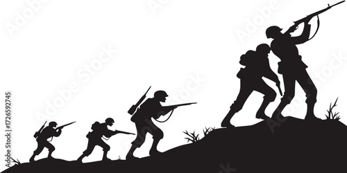Silhouette vector illustration of war soldiers attacking on battlefield, dramatic standoff with weapons raised, contrasting on white background