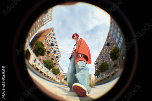 Φωτογραφία Caucasian young adult woman with short pink hair standing outdoors in urban sett