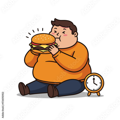 Cartoon overweight man happily eating big burger