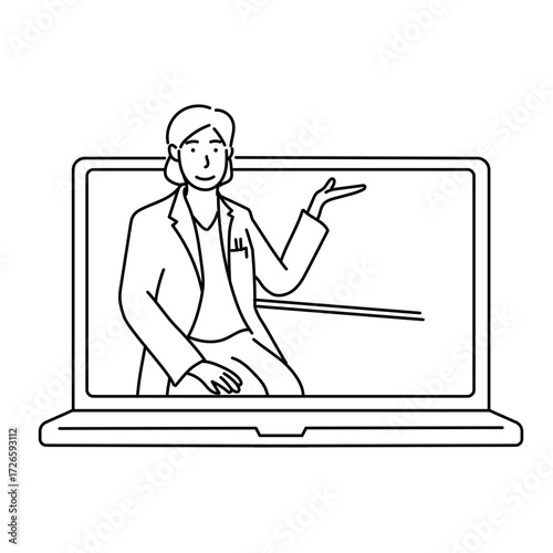 ノートパソコン画面に映る医師が手を上げ説明を行っている様子を線画で表現。遠隔医療やオンライン相談に活用される現代的な医療シーンを描いたイラスト｜オンライン診療,遠隔医療,医師,ノートパソコン,線画,ビデオ通話,教育,説明,解説,プレゼンテーション,ベクター