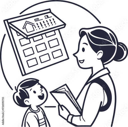 Mother and child planning home renovation project together using calendar and brochure