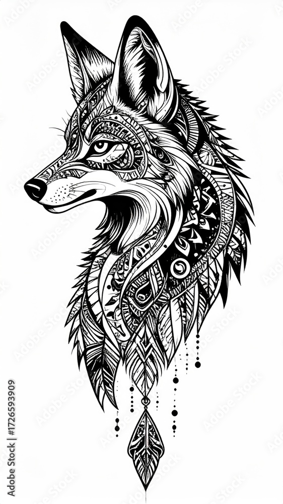 Obraz premium Intricate black and white illustration of a fox, adorned with detailed, stylized feather and geometric patterns