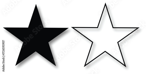 Star Icon Vector Set – Black Filled and Outline Star Symbols with Shadows for Ratings, Reviews, Achievements, and UI Design