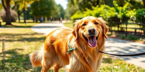 Happy golden retriever on leash, enjoying a sunny walk in a park,  lifestyle,  furry