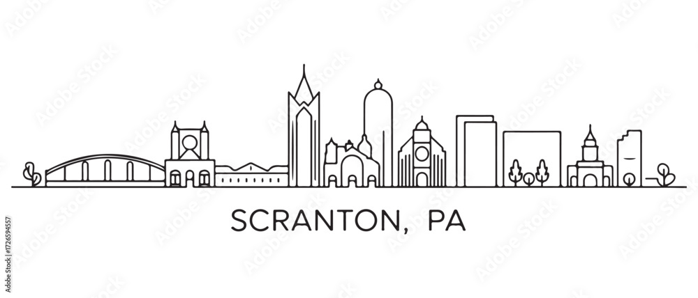 Fototapeta premium Scranton, PA Line Art skyline horizontal banner. with white background
