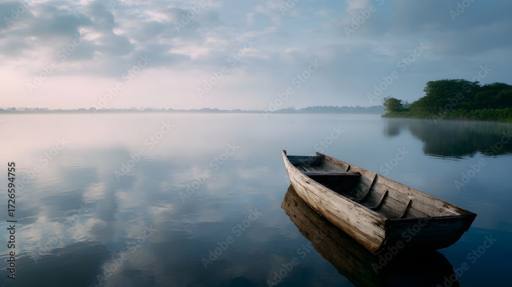 Obraz premium A solitary wooden boat rests on a tranquil lake during a misty dawn with clouds reflected on the calm water