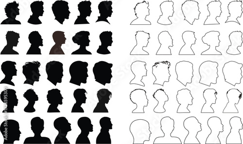 User profile icon set. Profile, people silhouette, person, avatar, sign up button vector collection.Black silhouette avatar collection of men heads, profile icons, human face outline, vector design