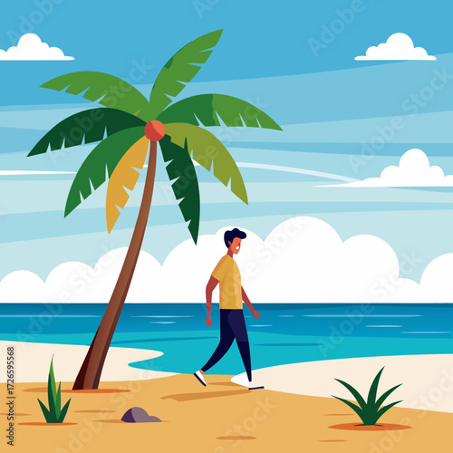 Relaxing beach escape illustration of a man walking near a palm tree, featuring serene ocean views, bright sunny sky, and inviting tropical vibes for summer vacation marketing