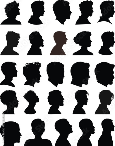 User profile icon set. Profile, people silhouette, person, avatar, sign up button vector collection.Black silhouette avatar collection of men heads, profile icons, human face outline, vector design