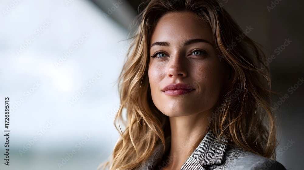 Fototapeta premium A confident businesswoman with blonde hair and blue eyes smiles gently wearing a professional blazer illuminated by natural light near a window