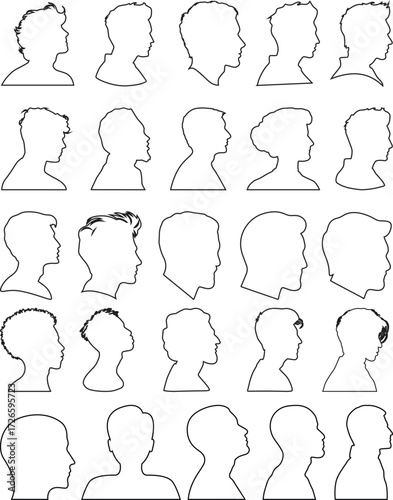 User profile icon set. Profile, people silhouette, person, avatar, sign up button vector collection.Black silhouette avatar collection of men heads, profile icons, human face outline, vector design