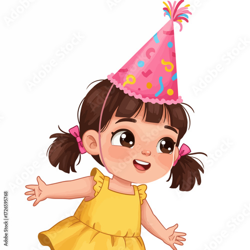 Cartoon Girl with Brown Hair Wearing a Pink Birthday Party Hat and Yellow Dress.