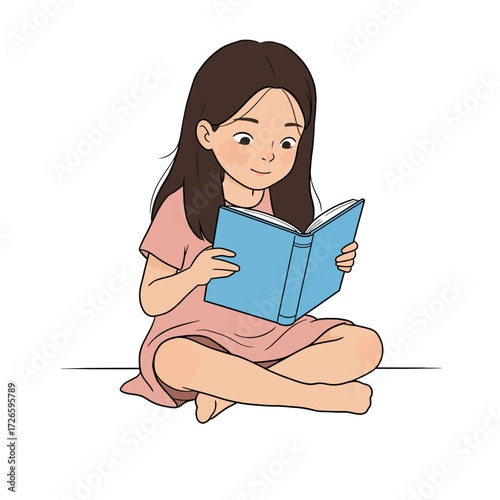 Cartoon Girl Reading a Blue Book Sitting CrossLegged Wearing a Pink Dress.