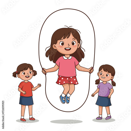 Cartoon Girl Skipping Rope with Friends Smiling Wearing Pink Shirt and Polka Dot Skirt.