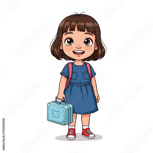 Cartoon Girl with Bob Haircut in Blue Dress Holding Lunchbox.